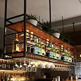 RAJYQODIS Portabottiglie da appendere, portabicchieri da soffitto in metallo, portabottiglie da bar a 2 livelli, per bar, ristorante, caffetteria e cucina (Nero, 140cm)
