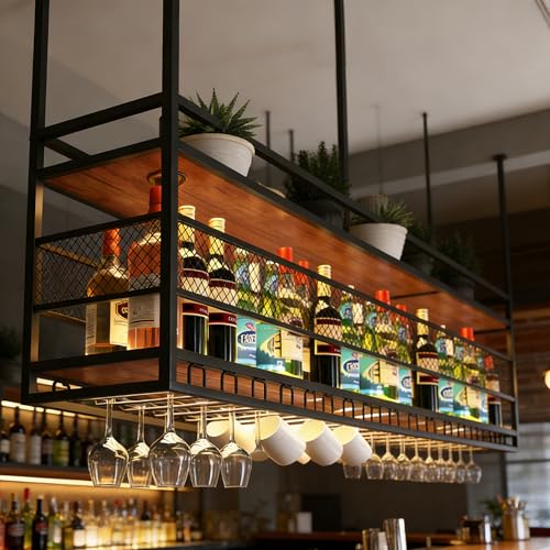 RAJYQODIS Portabottiglie da appendere, portabicchieri da soffitto in metallo, portabottiglie da bar a 2 livelli, per bar, ristorante, caffetteria e cucina (Nero, 140cm)