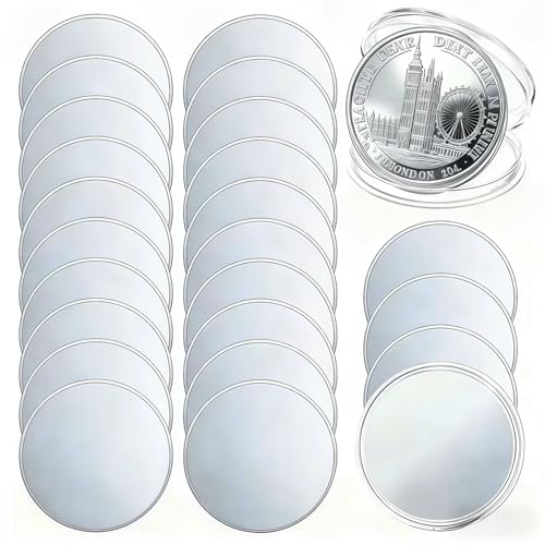 24PCS Alloy Blank Challenge Coins 40mm Laser Engravable Threaded Edge with Acrylic Protection Box for DIY Crafts and Commemorative Collection (Silver-Plated)