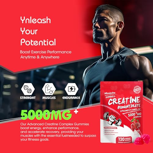 Image of Allcoovita Creatine Monohydrate Gummies 5g for Men & Women. Boost Focus,Strength, and Endurance, Anti-Melting Formula, Vegan, Gluten-Free, Non-GMO,(Cherry 120 ct)