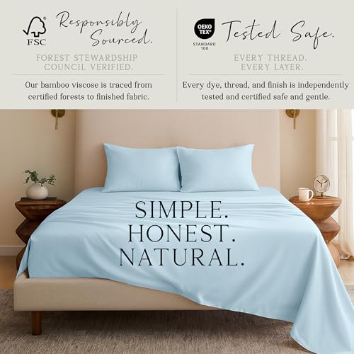 Image of KARISSA MAE Bamboo Viscose 34 inch Split Top King Size Sheet Set, FSC Certified | Single 34 inch Split Fitted Sheet | Sleep Number & Adjustable Bed | Cooling | 18 inch Deep Pocket w / Corner Straps [Coastal Blue]