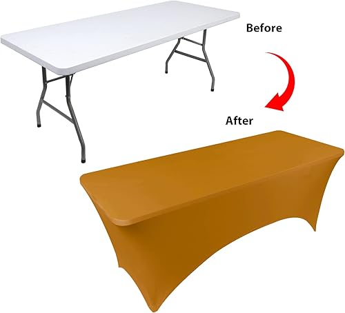 Miniatura 3 de Mantel para mesas de 6 pies, paquete de 2 manteles elásticos rectangulares lavables y resistentes a las arrugas, dorados de 6 pies para eventos,