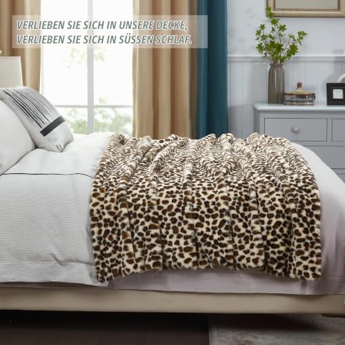 DREAMNINE Tierprint Kaninchenpelz-Imitat Decke,130 x 150 cm,Brauner Leopard – Ansicht 5