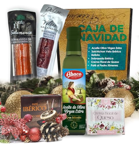 Cesta Gourmet para Regalar S | Perfecta como Cesta Regalo de Empresas | Incluye 1 Aceite de Oliva Virgen Extra + 1 Salchichón y 1 Sobrasada Ibérica + Crema Floral de Queso + Paté al PX con pasas