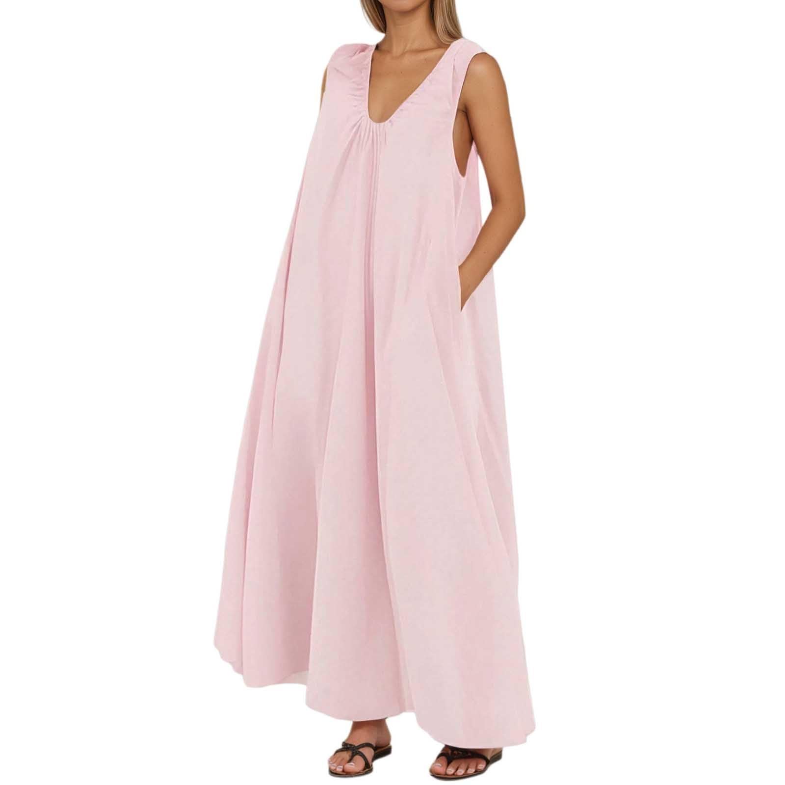 Robe longue décontractée rose en maille pull sans manches col en U taille M - 6