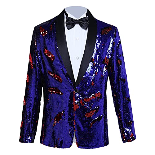 Men's Shiny Sequins Suit Jacket Sequin Wedding Nightclub Tuxedo Sport Coat Slim One Button Festival Party Blazer (Blue 1,X-Large)