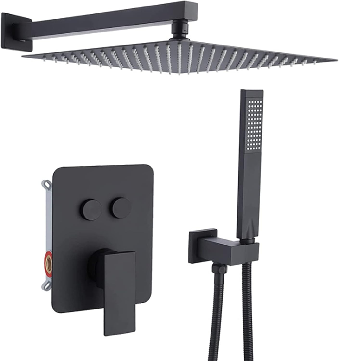Black Shower Faucet Set Push Button Shower System Bathroom 12 Inch Square Rain Shower Head and Handheld Shower Set,Wall Mounted Rainfall Shower Fixtures
