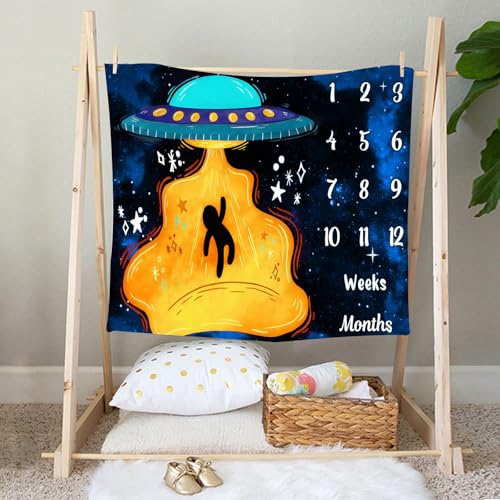 Image of UFO Baby Monthly Milestone Blanket, 48x48in Soft Flannel, Alien Round Spaceship, Newborn Mom Gifts, Baby Shower Age Growth Tracker with Bonus Maker (White Blue, 48x48in)