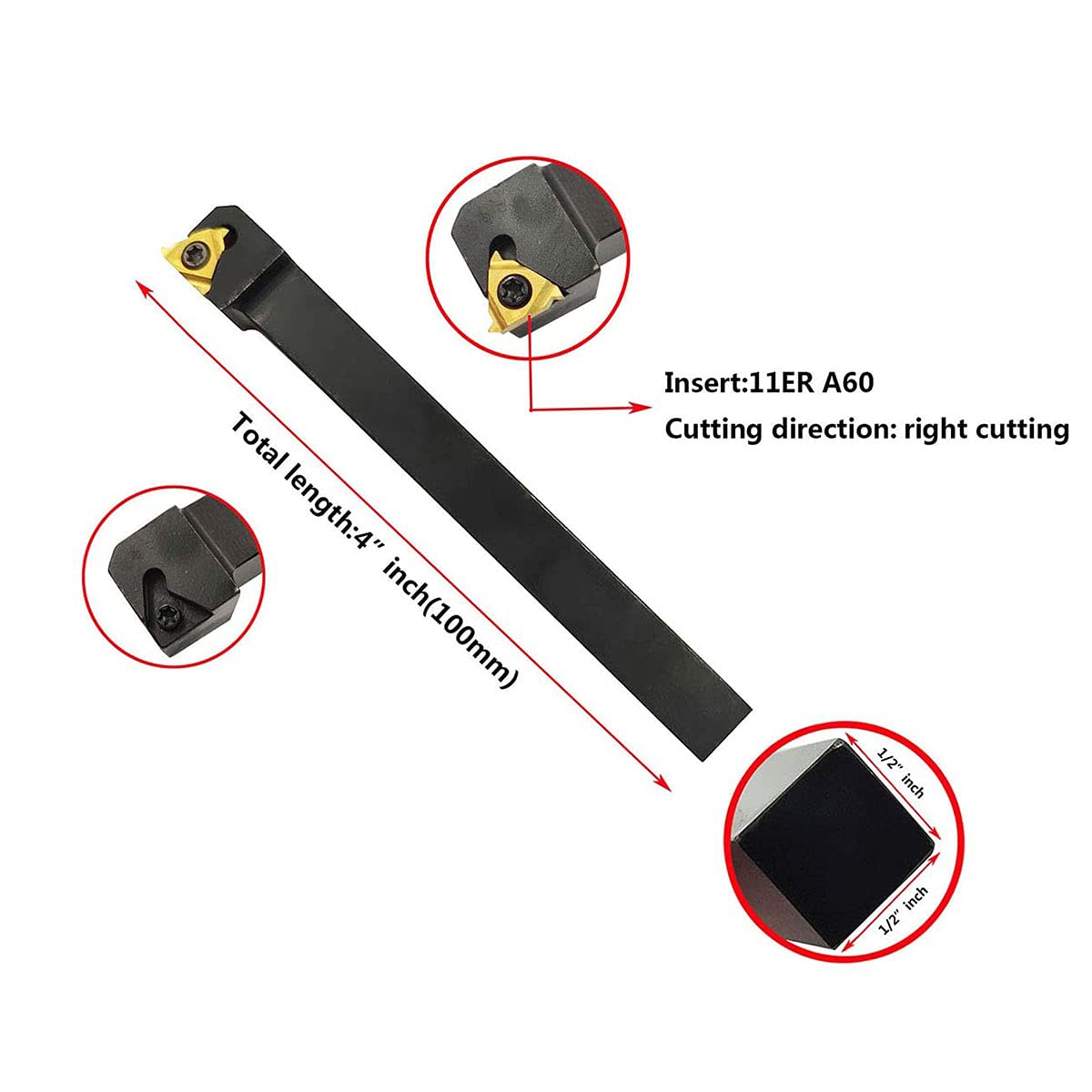 1/2" CNC Lathe Carbide Indexable Threading Turning Tool Holder SER1212H11 with 10PCS 11ER A60 BP010 Indexable Carbide Turning Insert