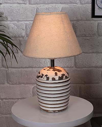 Image of Homesake Wooden Lamp for Living Room | Table Lamp for Bedroom | Bedside Lamp with Fabric Shade | E27 Holder with Bulb Included | Warm Light Night, Study Table & Home Decor, White Jute