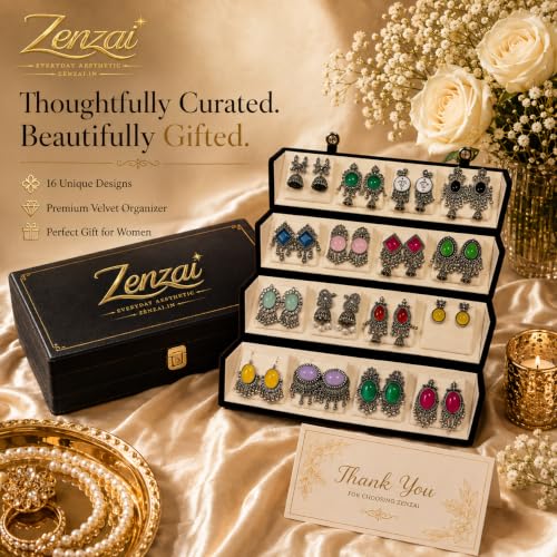Image of Zenzai 16 Pairs Oxidized Earrings Set for Women - Jhumka Chandbali Earrings Combo with Foldable Velvet Jewelry Box | Ethnic Fashion Earrings Gift Set for Girls