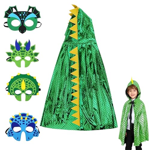 CARxlythic Fato de dinossauro de Halloween, 5 peças, capa de dinossauro com capuz e máscara dinossauro, capa de disfarce de dragão para carnaval, Halloween, Cosplay, festas de aniversário