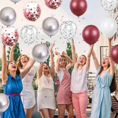 Image of Burgundy Red and Silver Balloons, 60 Packs 12 Inch Wine Red and White Silver Metallic Confetti Balloons with Ribbons for Women Birthday Wedding Bridal Shower Retirement Party Decorations Supplies