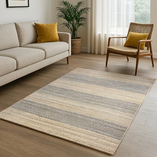 MY-RUG Jute Teppich 40x60 cm | handgewebter Juteteppich in Sisal Optik | flach gewebter Sisalteppich | hangefertigter Wohnzimmerteppich nachhaltig aus Jutefaser | Earth Weave gestreift grau
