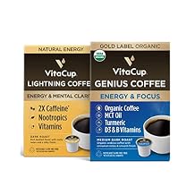 Vitacup Genius Organic & Lightning Coffee 32 Pods Bundle |Superfood & Vitamins B1, B5, B6, B9, B12 Infused | Variety Pack of 2 16 Count Single Serve Pods Compatible with K-Cup Brewers