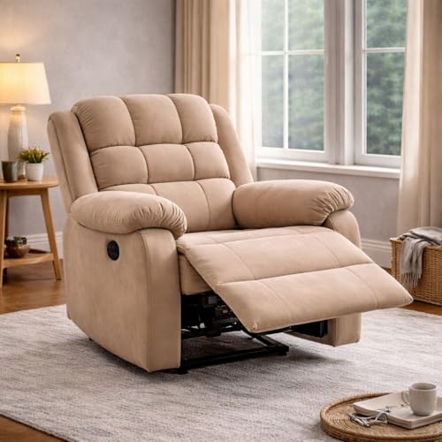 Image of Comfortable Single Seater Fabric Recliner Sofa Chair with Manual Push Back Mechanism & Extra Cushioning for Living Room, Color: BeigeG