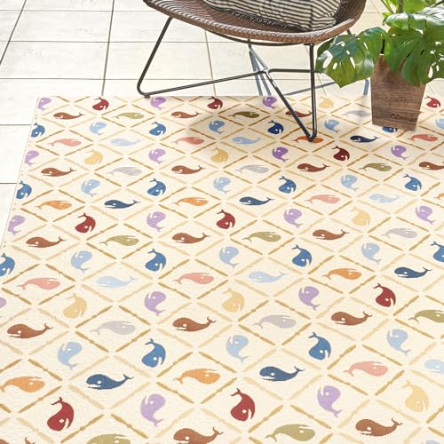 Gertmenian Reyn Spooner Kona Coast Fresco Hawaiian Tropical Rugs - 2x6 Runner, Washable, Stain & UV Resistant Indoor Outdoor Area Rug - Ivory Multi, Kanaloa Whales, 46759