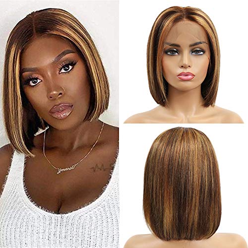 13x4 Lace Front Wigs Human Hair Ombre 4/27 Human Hair Wig Short Straight Bob Wigs for Black Women Honey Blonde Brown Highlight Bob Wig Human Hair Lace Frontal Wigs 150% Density (10 inch)