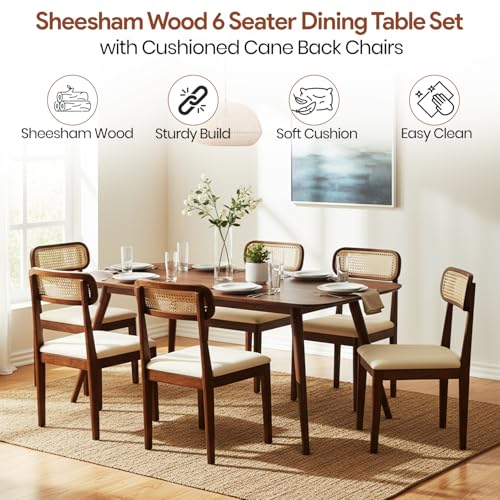 Image of WOODLAB Solid Sheesham Wood 6 Seater Dining Table Set | Wooden Six Seater Dining Table with Cushioned Cane Back Chairs Furniture for Living Room, Home, Hotel & Restaurants (Natural Finish)