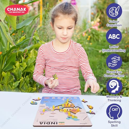 Image of Chanak Wooden India Map Puzzle with Picture & States Name Educational Board for Kids, 18 Piece States Map Montessori Learning Puzzle for Toddlers & Preschoolers, Nursery & Kindergarten 2+ Years