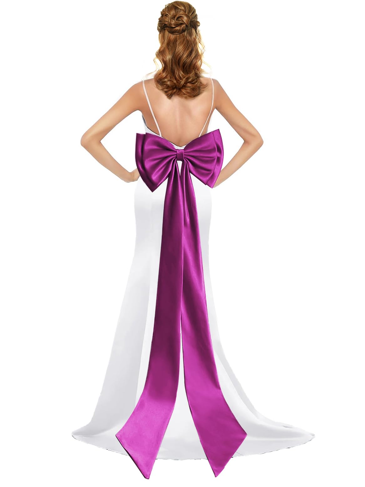 Isafabufy Elegant Fuchsia Bow for Ball Gowns Seperate Satin Bows for Prom Dresses 67Inch Long Detachable Waist Sash Belt for Bride