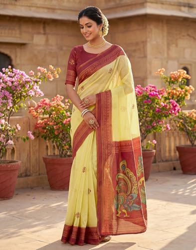 Image of SIRIL Women's Printed Cotton Linen One Minute Ready to Wear Saree With Unstitched Blouse Piece