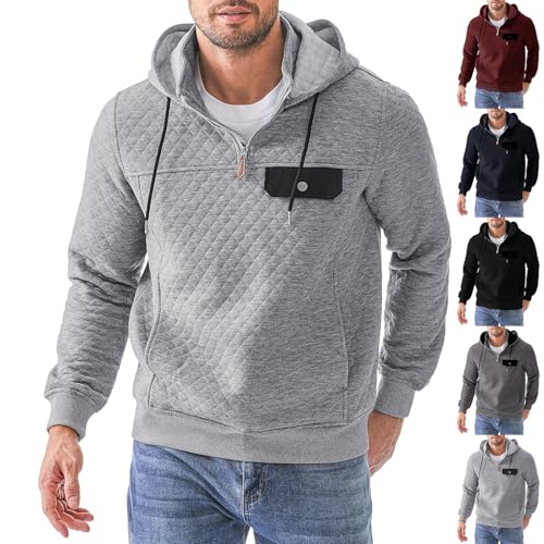 Quarter Zip Waffle Knit Hoodies for Men Athletic Patchwork Plaid Hooded Sweatshirts Classic Drawstring Big and Tall Hoodies Vintage Workout Oversized Sweatshirt Basic Work Pullover Sweatshirts