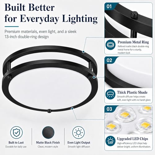 Image of 2 Pack 10inch 30W Flush Mount Ceiling Light Fixture, Dimmable & 3200lm Super Bright Energy-Efficient Black Ceiling Light, 2700K 3000K 4000K 5000K 6500K Adjustable Ceiling Lamps for Kitchen Hallway
