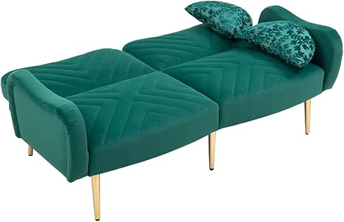 Miniatura 5 de TRIPLE TREE Sofá cama futón convertible, sofá biplaza tapizado de terciopelo con 2 almohadas de cojín, sofá moderno con patas de metal dorado, sofá