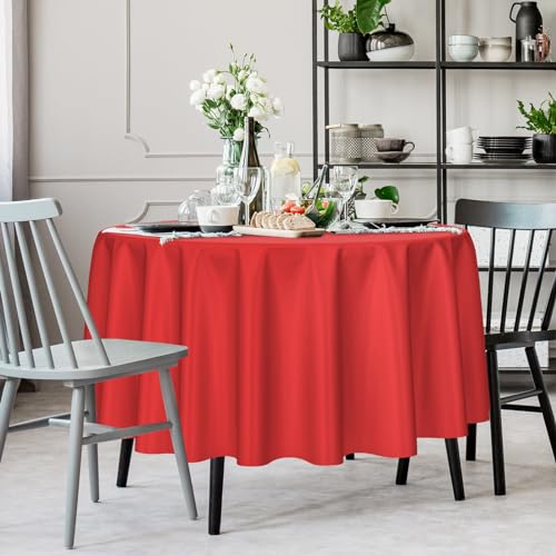 Image of Kopokita 2 Pack Red Round Disposable Plastic Tablecloths 84 inch | Party Table Covers for Birthday, Wedding, Valentines, Mothers Day, Christmas Decorations