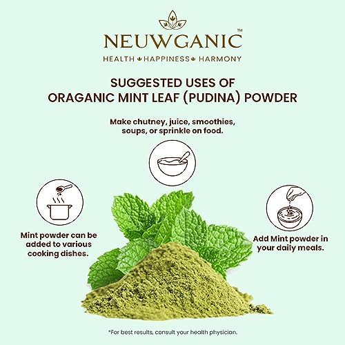 Image of Neuwganic - Organic Mint Leaf Powder - Pudina Powder - India Organic and Usda Certified - Ideal for Cooking, Seasoning & Cosmetics Use - 200 Gm Pack of 3