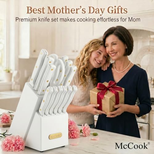 Image of McCook Knife Sets, White High Carbon Stainless Steel Kitchen Knife Sets with with Built-in Sharpener, 26-Piece Razor-Sharp Kitchen Knives with Ergonomic Handles, Elegant Box for Gift, White