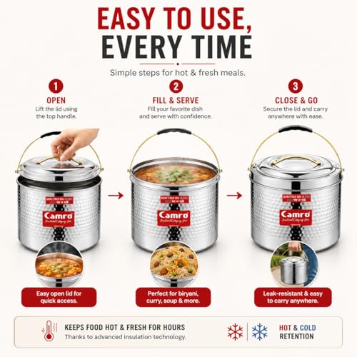 Image of Camro Sambar Pot Hammered | Sambar Pot with Lid | Casserole for Cooking | Canteen & Hotel Casserole Container | Picnic Hot | Biryani Box Hot & Cold Serving (5 Liters)