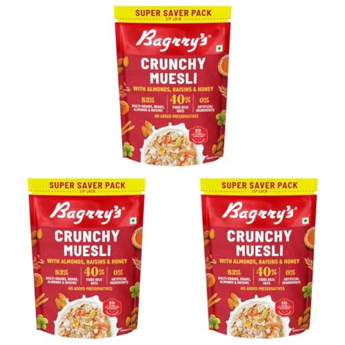 Image of Bagrry's Crunchy Muesli - 750g | 83% Multigrain, Brans, Almonds, Raisins & Honey | 40% Fibre Rich Oats | High Fibre and Protein Breakfast Cereal | No Added Preservatives | Non-GMO Oats | 100% Natural | Trans Fat & Cholesterol Free