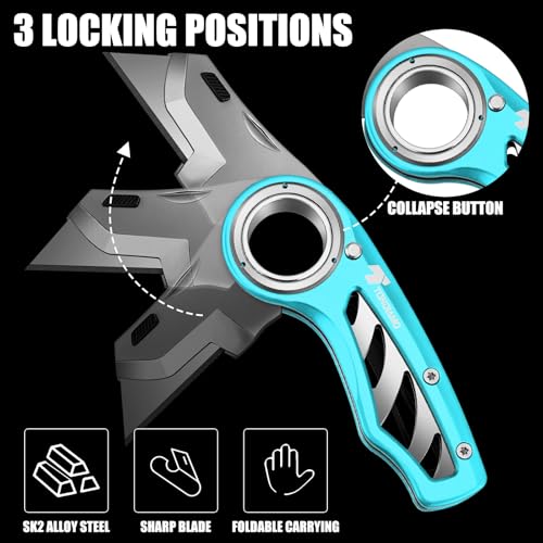 Image of Tondiamo 2 Pcs Folding Pocket Utility Knife Heavy Duty Box Cutter Folding Razor Knife with Anti Slip Finger Loop Easy Change Blades 3 Lock Positions Design (Emerald Green)