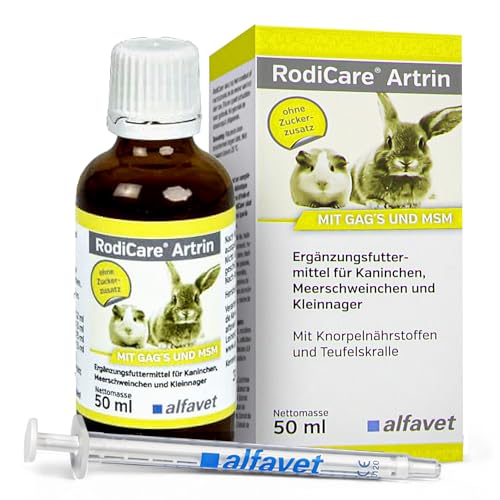 Alfavet RodiCare Artrin, Ergänzungsfuttermittel für Kaninchen, Meerschweinchen und Kleinnager mit Knorpelnährstoffen und Teufelskralle, Dosierspritze, 50 ml Glasflasche