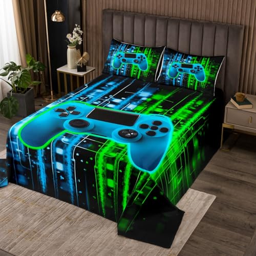 Erosebridal Green Gaming Bedspread Sets Queen Size for Boys Gamer Coverlet Set for Game Room Decor Teen Boy Gamepad Bed Set with 2 Pillow Cases Bedroom Decor,Green Blue