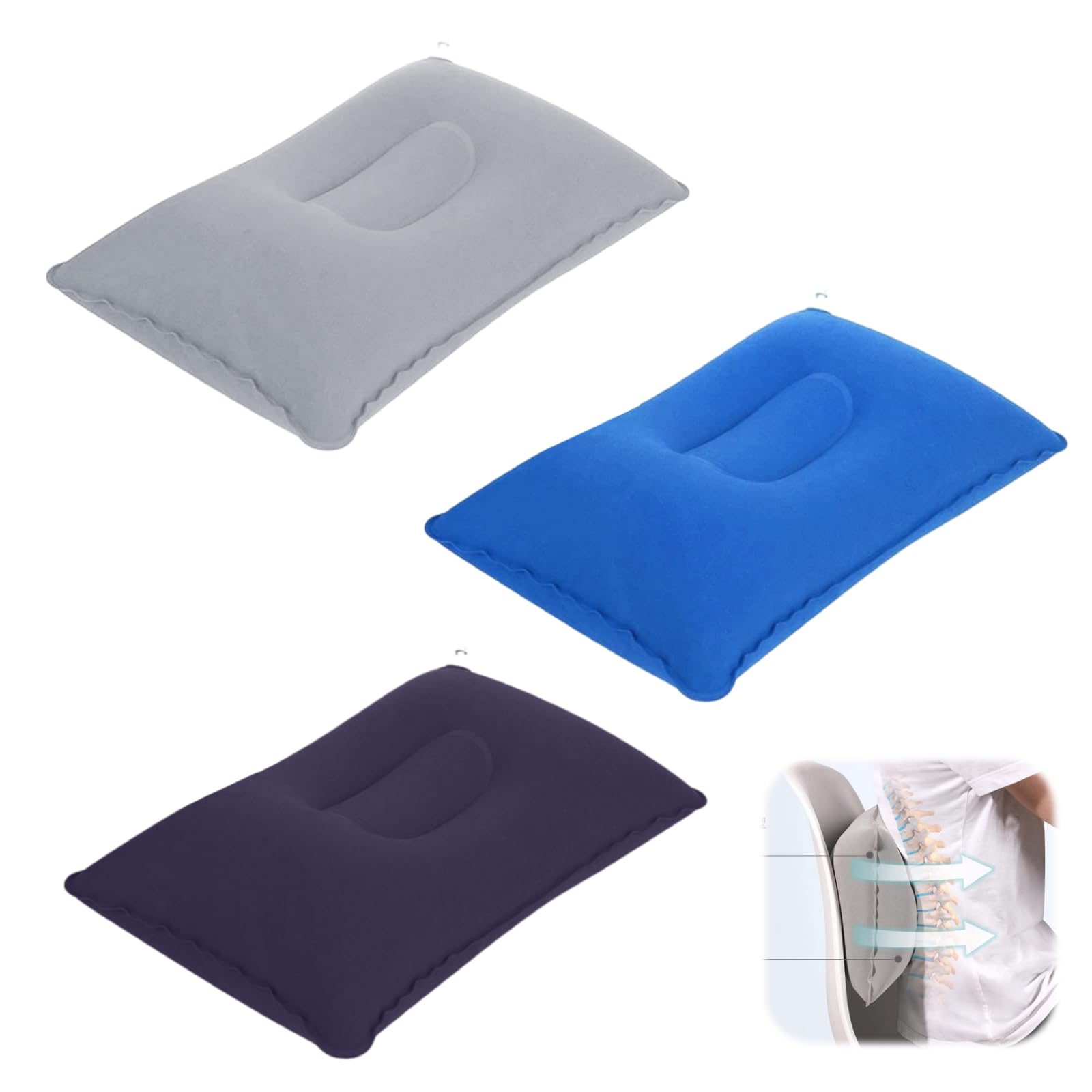 KUIZHEN 3Pcs Inflatable Pillow, 22 x 34cm Camping Pillow in Flocked Fabric, Multipack of Blow Up Pillow, Camping Pillows for Adults for Travel, Camping, Outdoors, Fishing, Beach