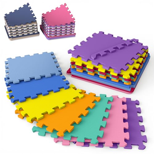 16 Tiles with Borders | 12' x 12' Baby Play Mat Foam Puzzle Floor Tiles | Non-Toxic Soft Waterproof Interlocking EVA Playmat for Nursery Playroom...
