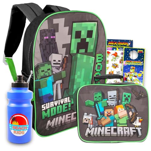Mochila Minecraft e lancheira para crianças - Pacote com mochila Minecraft e adesivos para lancheira Plus, garrafa de água, mais (bolsa escolar Minecraft), Mochila Minecraft para Meninos, minecraft school supplies, Material escolar Minecraft, Lancheira Minecraft, Mochila Minecraft para Meninos