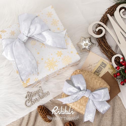 Image of Ribbli White Velvet Wired Ribbon 2.5 Inch Metallic White Silver Crushed Velvet Christmas Ribbon for Gift Wrapping Christmas Tree Decoration Crafts Wreaths Supplies-Continuous 10 Yards