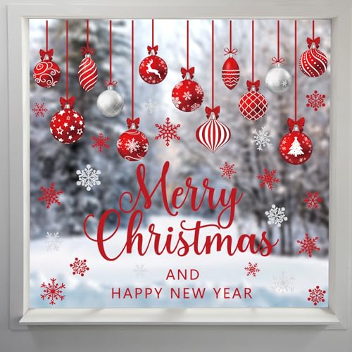 Red Merry Christmas Window Clings Decorations Xmas Ball Cling Set 6 Sheets