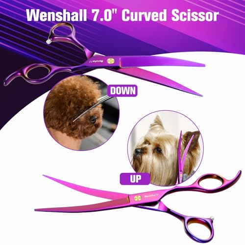 Wenshall 7,0 Zoll Hundepflege Schere Set Hund gerade Schere & Ausdünnungsschere & Gebogene & chunker & Comb 5Stk Set