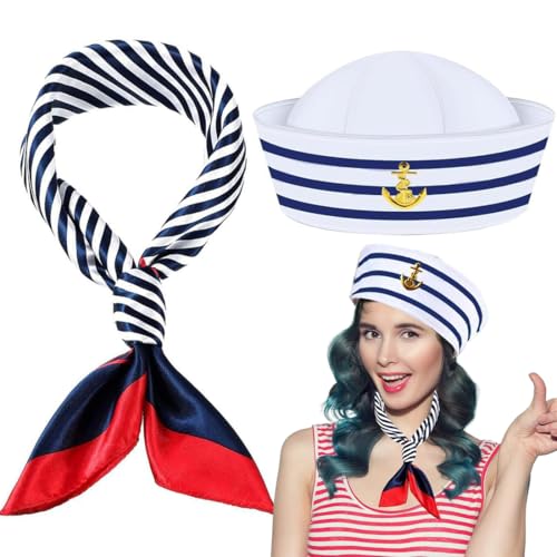 YAZWUR Conjunto de Gorro y Bufanda de Marinero (2 piezas), para Hombres y Mujeres, Complementos Disfraz, Hat y Sailor Costume, Accesorios para Fiestas Temáticas, Yates, Carnaval (Color: Azul Marino)