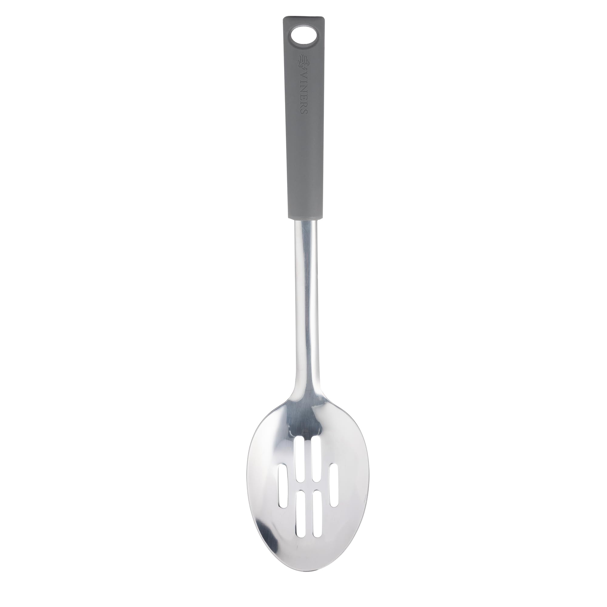 Viners Soft Grip Slotted Spoon | Stainless Steel Draining & Serving Spoon with Soft-Touch Handle, Hanging Loop & Dishwasher Safe Design | Grey & Silver Kitchen Utensil