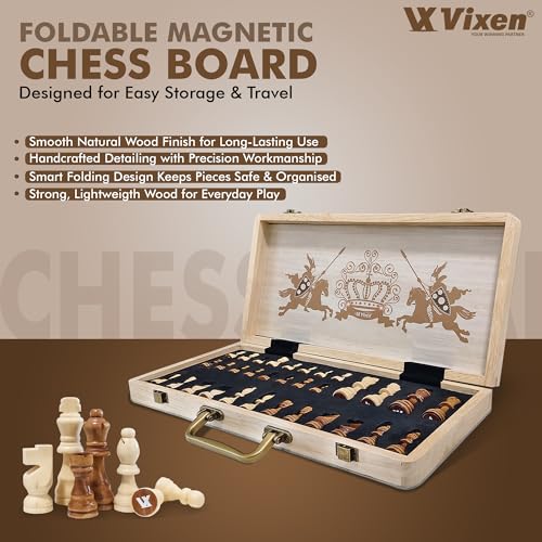 Image of Vixen Strong Magnetic Chess Set | Folding Wooden Chess Board with Secure Grip Chessmen | Travel-Friendly Portable Chess Game for Kids & Adults