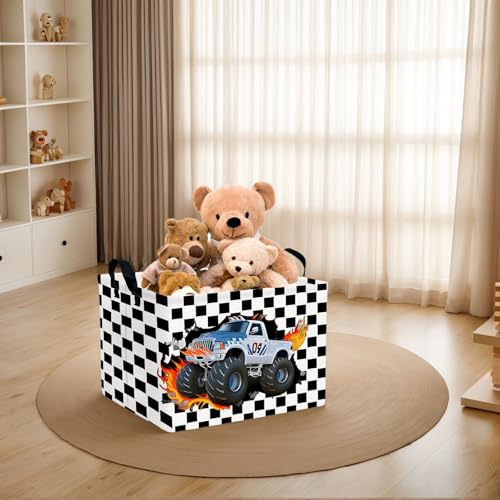 Image of Racing Car Storage Basket Monster Truck Toy Book Shelf Basket Kid Room Decor Gift (Black and White Checkered)