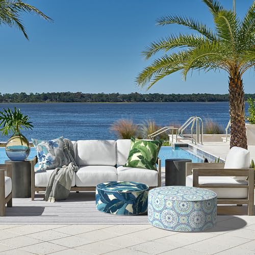 LVTXIII Inflatable Stool Ottoman Footrest with Handle, All Weather Foot Rest, Indoor or Outdoor Use for Home Patio Garden and Camping, D21 x H9, Swaying Palms Blue