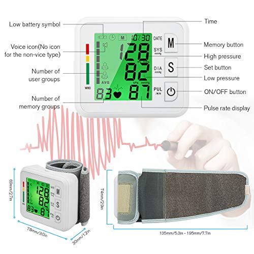 Topffy Blood Pressure Monitor,Wrist Digital BP Cuff Automatic BP Machine 99 * 2 Reading Memory Rechargeable Large Tri-Backlit Pulse Rate Monitoring Meter Wrist Blood Pressure Monitor