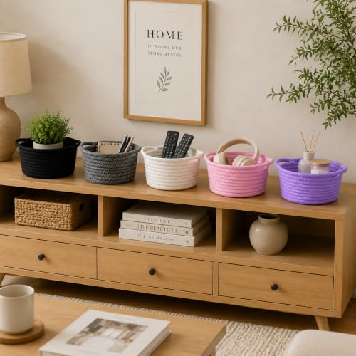 Image of Small Woven Basket Decorative Round Baskets for Gifts, 3-Pack Pink | Small Baskets with Handle, Cotton Rope Baskets for Organizing, Cute Mini Boho Round Storage Basket Bin, Empty Gift Basket